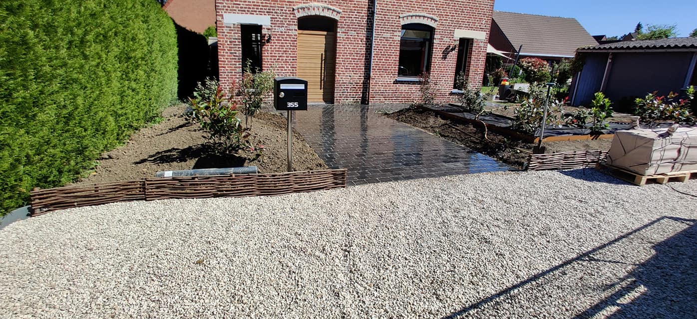 création, pavage, terrasse, parking, plantation, massif, engazonnement